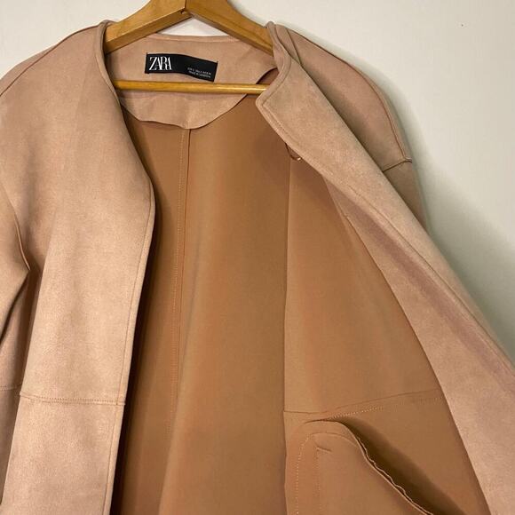 Zara Faux Suede Blush Pink Open Sweater Jacket Western Boho Fringe Size Small - Picture 10 of 16